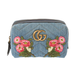 Gucci GG Flower Embroidery Blue Denim Pouch